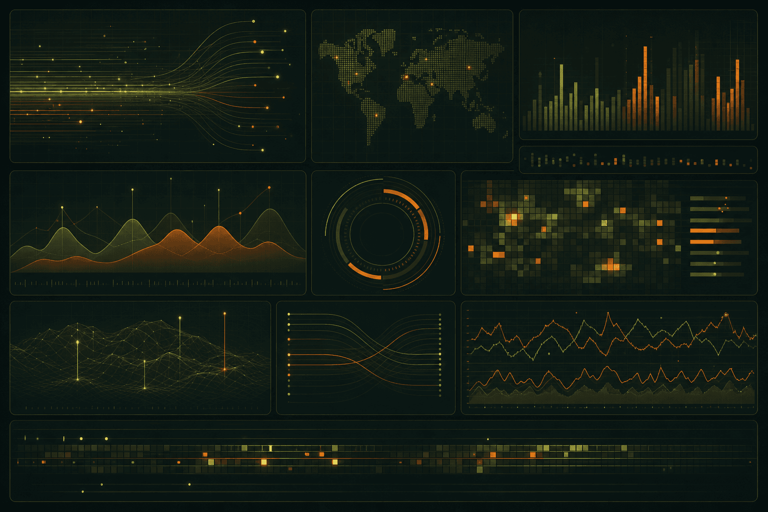 Abstract live data dashboard with olive and orange tones