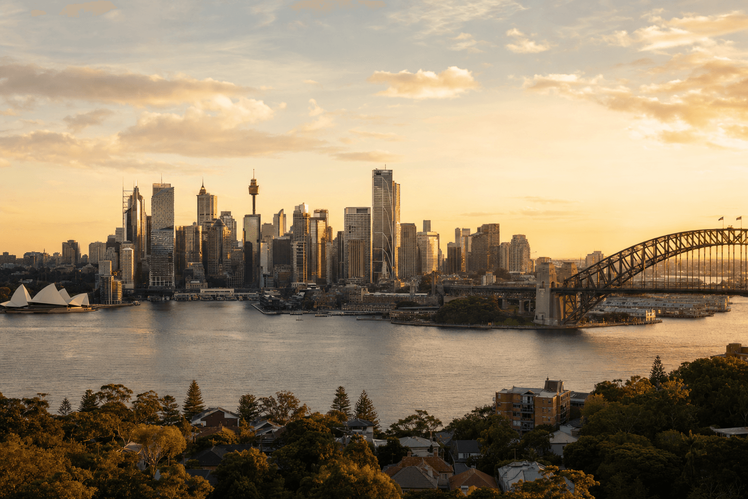 Sydney city skyline at golden hour