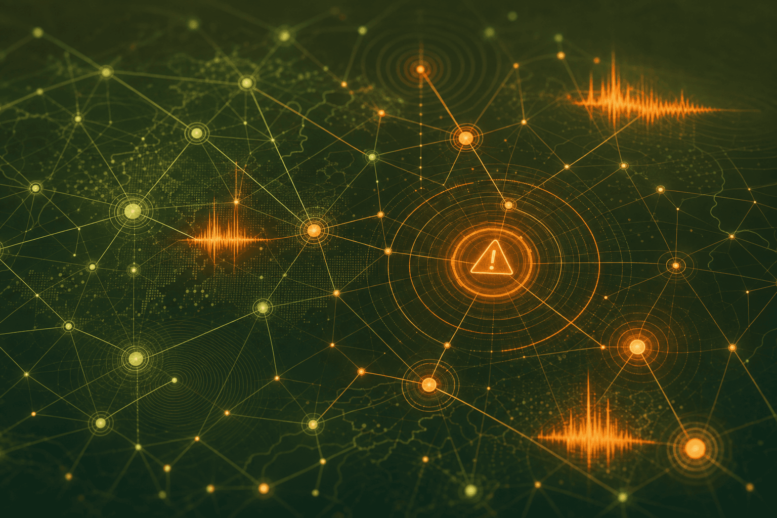 Abstract interconnected node network in olive and orange