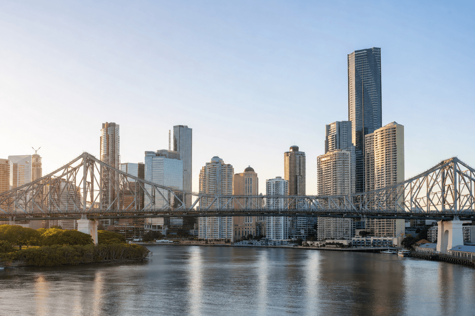 Brisbane city skyline with Story Bridge and river at morning
