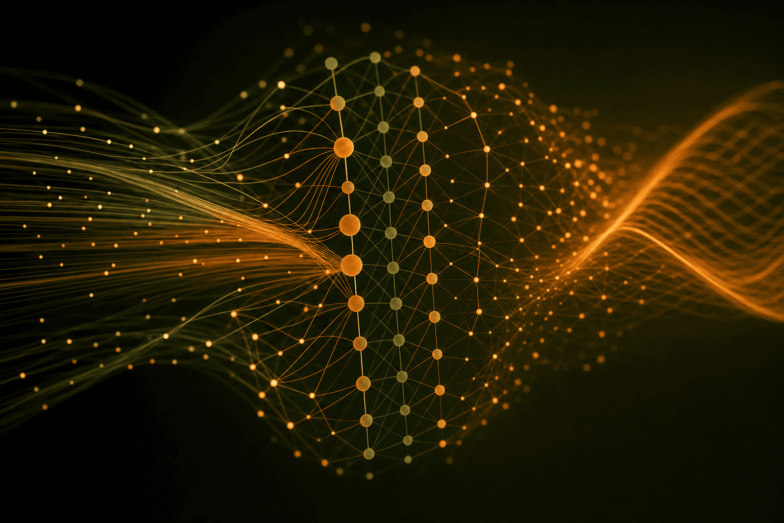 Abstract AI network visualization in orange and olive