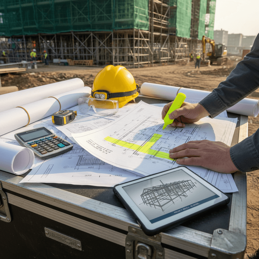 Close-up of engineering drawings and laptop with risk analysis spreadsheet